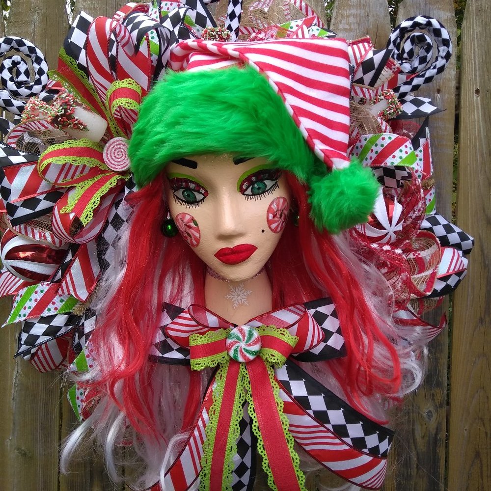 Peppermint Mannequin Head Wreath,Elf Wreath,Christmas Wreath,Santa Diva,Winter